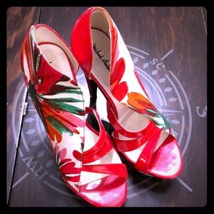 Red floral platform heels